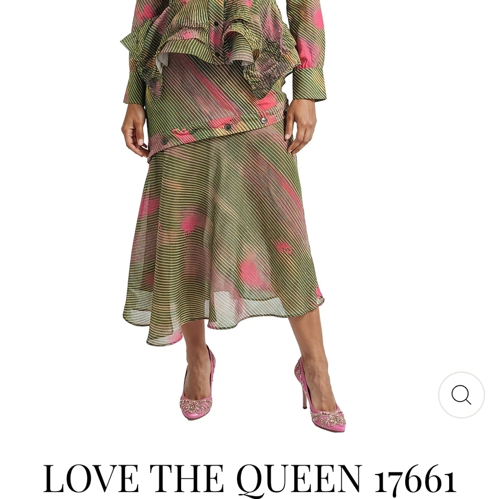 Love The Queen Olive & Pink Printed Midi Skirt
